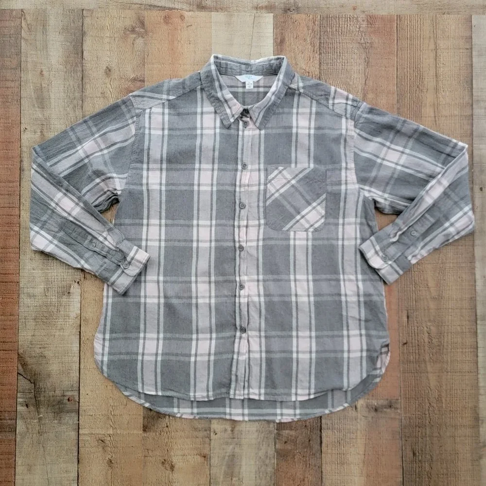 Time and Tru Gray and Pink Plaid Flannel Button Down Large - Picture 1 of 16